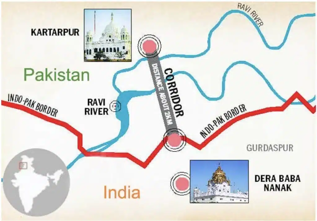 Kartapur Corridor between India and Pakistan Map showing